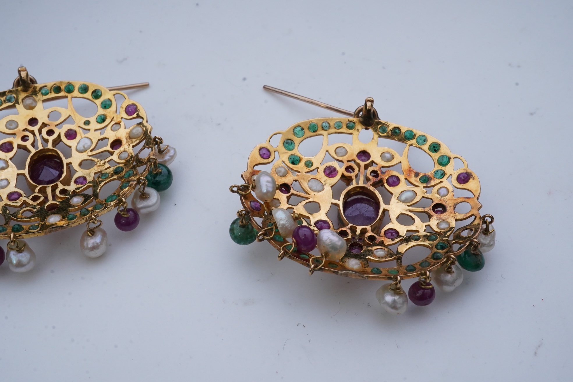 A pair of gem-set and seed pearl earrings, India